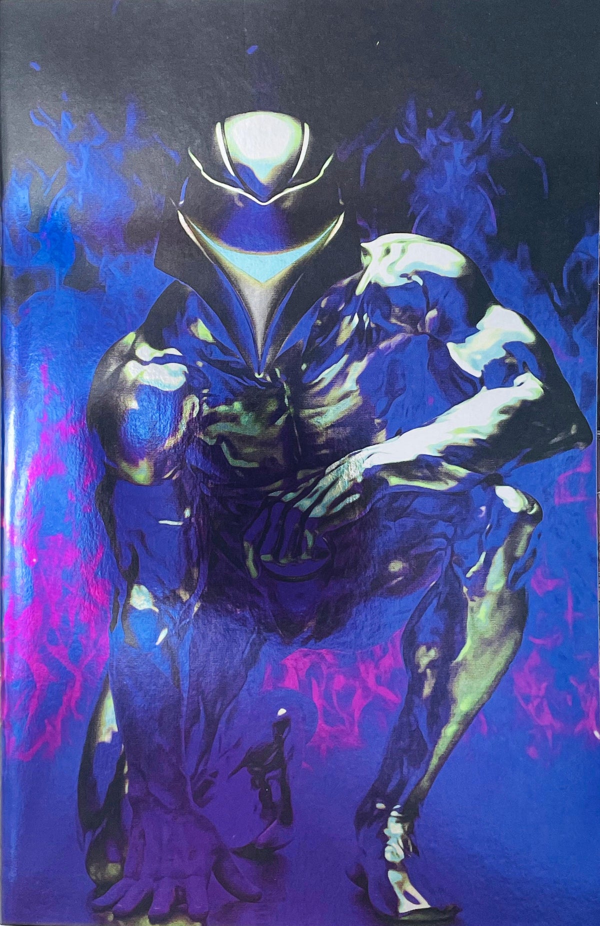 Radiant Black issue 1 comic book published by Image Comics featuring InHyuk Lee virgin foil variant cover art of superhero Radiant Black crouching in blue energy.