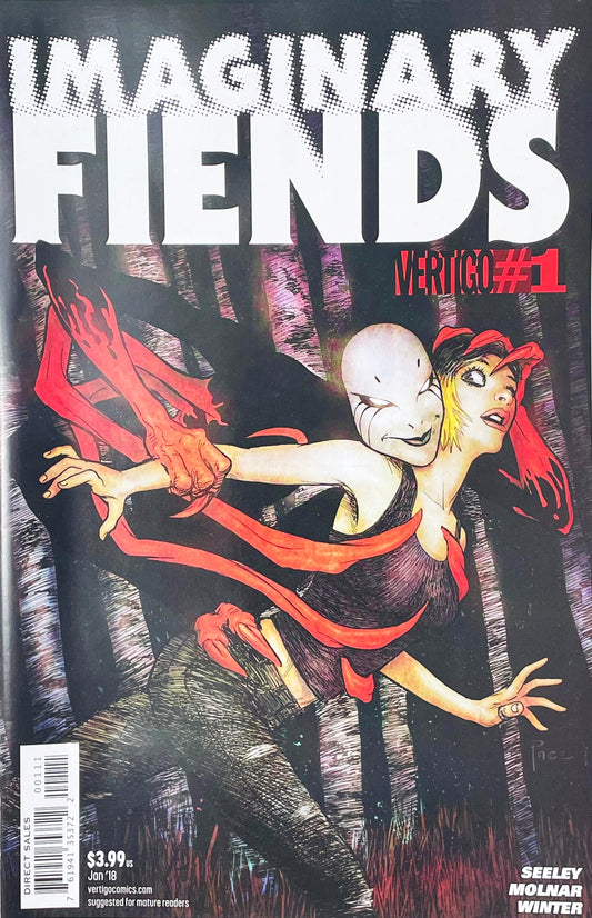Imaginary Fiends issue 1 comic book published by Vertigo DC Comics featuring Richard Pace cover art of Melba Li being wrapped in red demonic limbs by a white-masked monster.