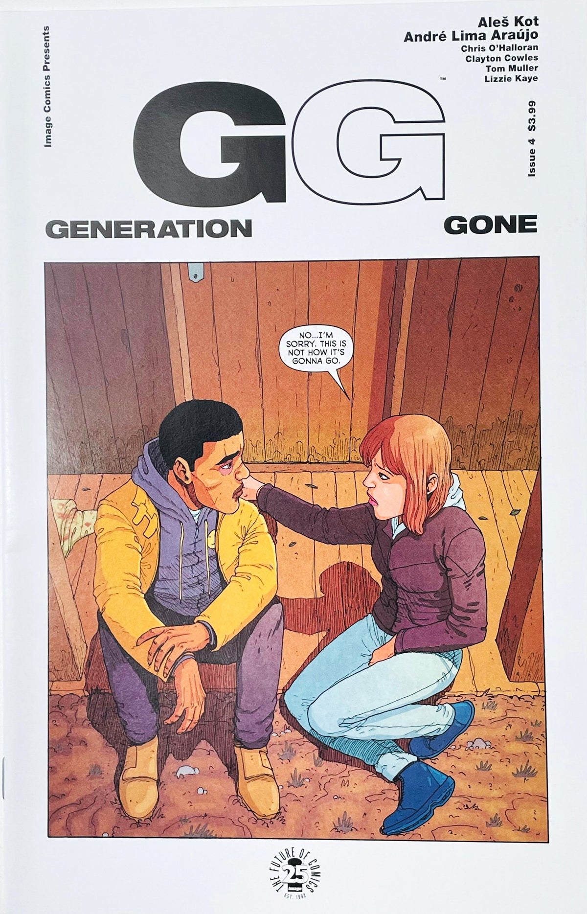 Generation Gone issue 4 comic book published by Image Comics featuring cover art by André Lima Araújo of Elena and Nick sitting together in a wooden shed.