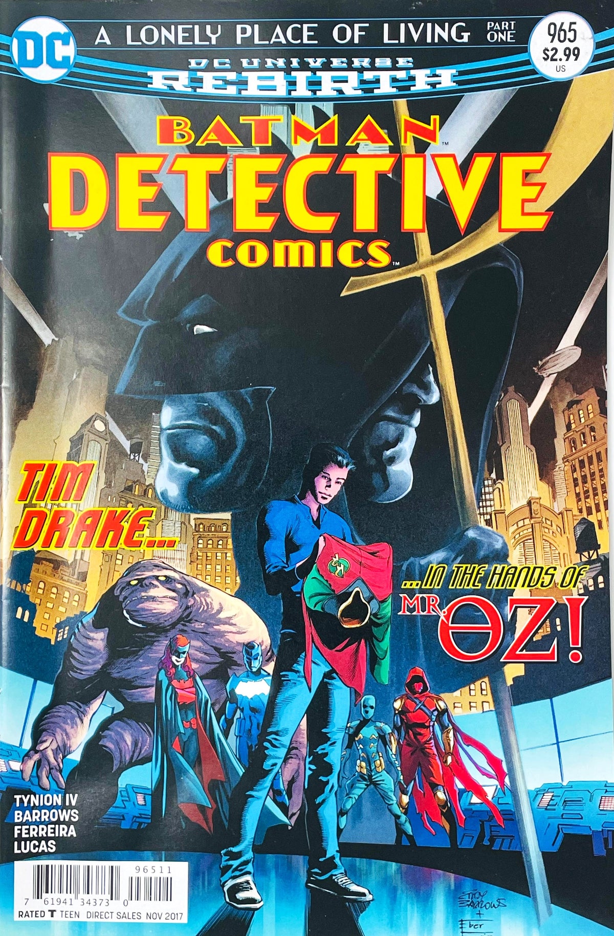 Detective Comics issue 965 comic book published by DC Comics featuring cover art by Eddy Barrows of Tim Drake holding his Red Robin suit with Batman and Mr. Oz in the background.