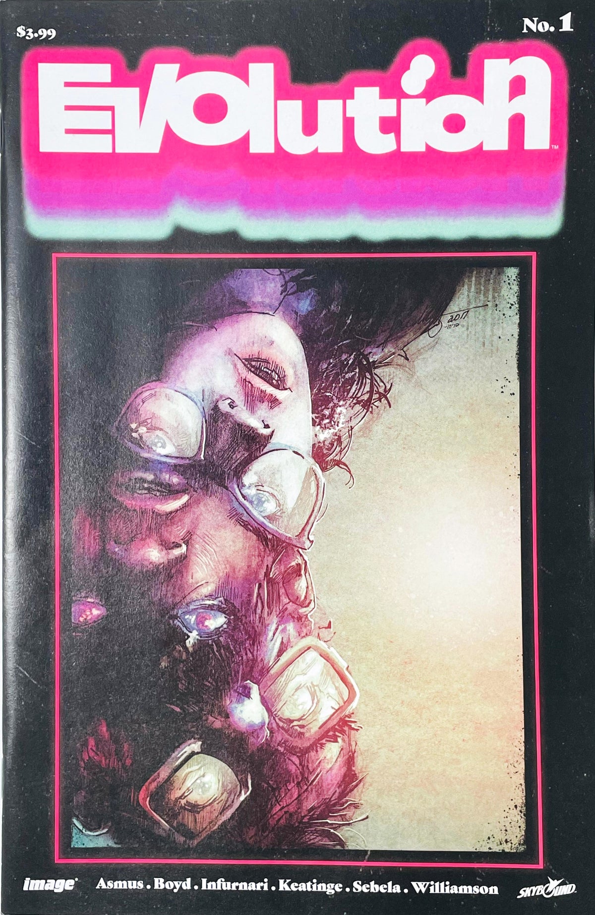 Evolution issue 1 comic book published by Image Comics and Skybound featuring Paul Azaceta cover art of a mutating face with multiple eyes and glasses.