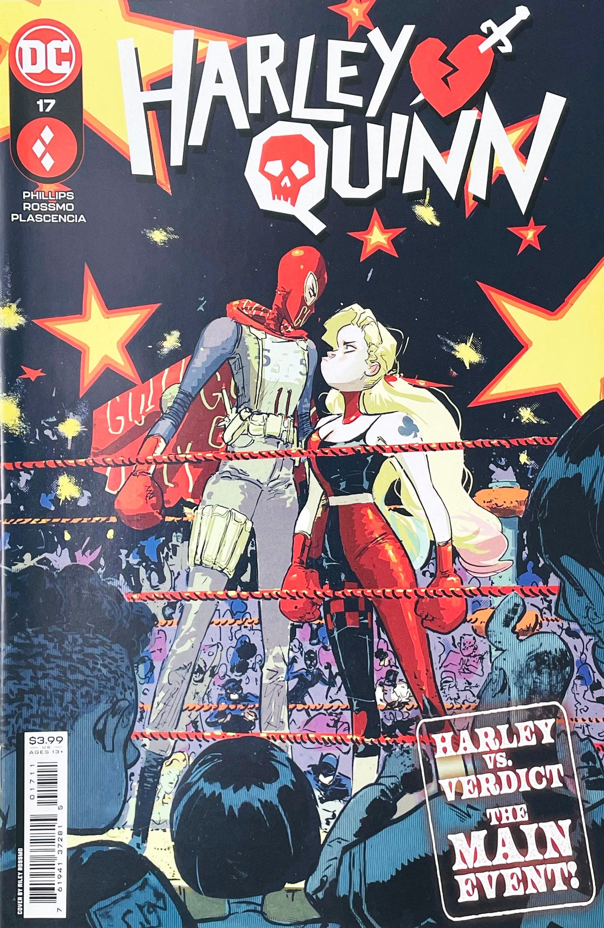 Harley Quinn issue 17 comic book published by DC Comics featuring Riley Rossmo cover art of Harley Quinn facing Verdict inside a boxing ring.