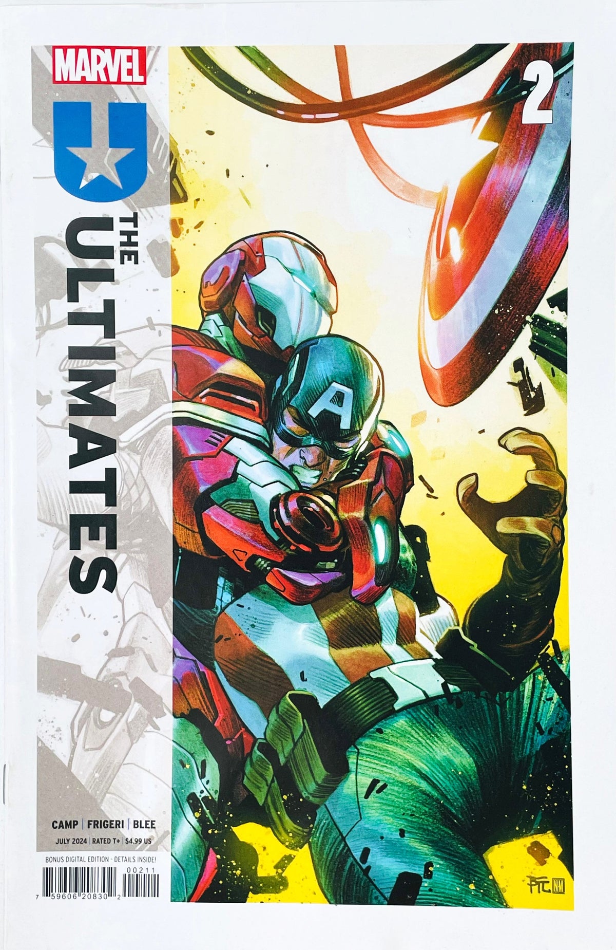 The Ultimates issue 2 comic book published by Marvel Comics featuring Dike Ruan cover art of Iron Lad holding back a struggling Captain America as his shield flies in the air.