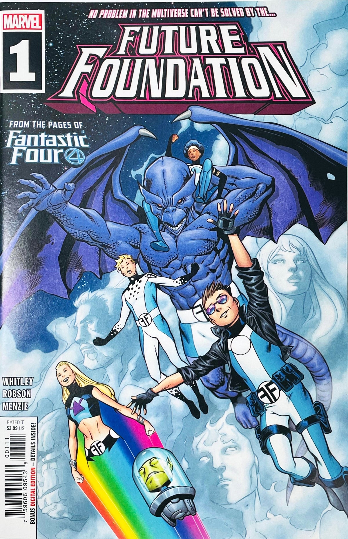 Future Foundation issue 1 comic book published by Marvel Comics featuring Carlos Pacheco cover art of Alex Power, Julie Power, Dragon Man, and Bentley 23 flying through space.