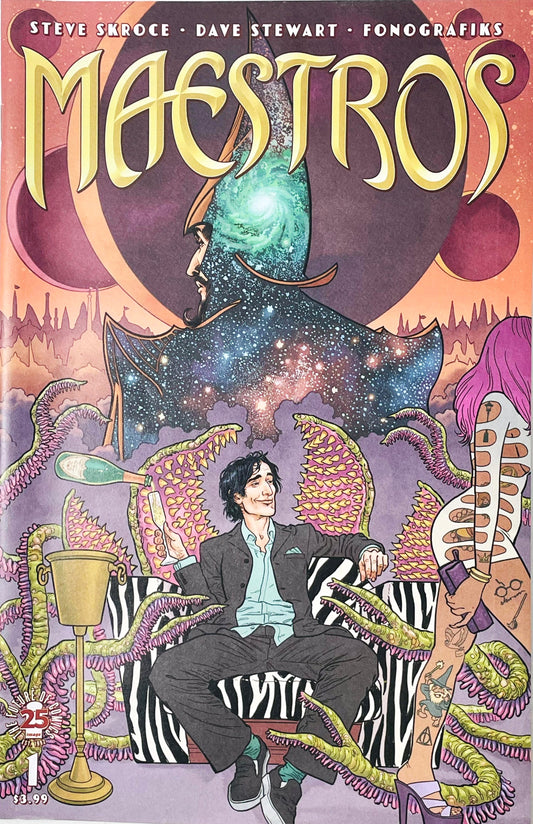 Maestros issue 1 comic book published by Image Comics featuring Steve Skroce cover art of Willy Little on a couch with champagne surrounded by magical tentacles and a cosmic silhouette.