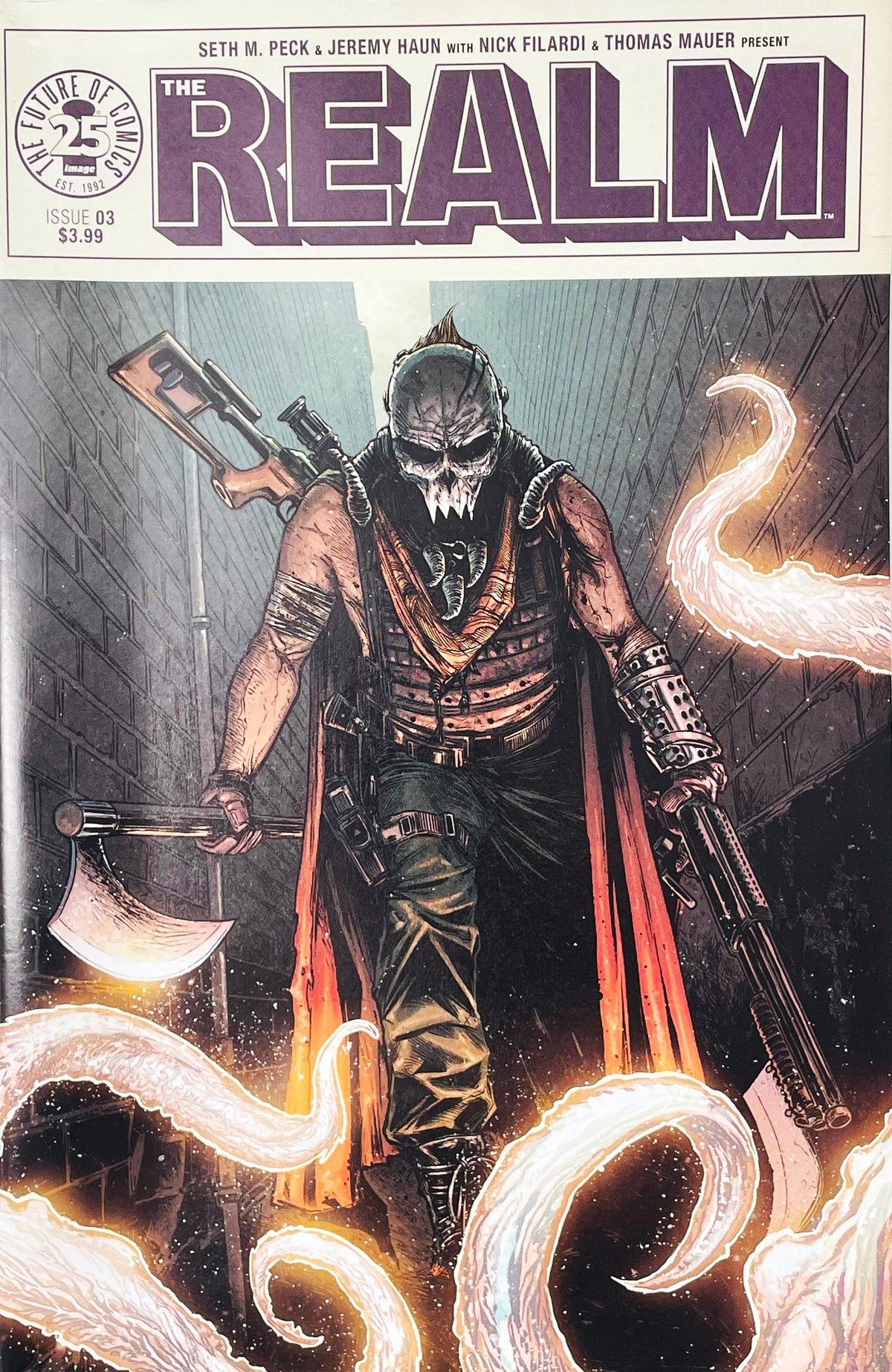 The Realm issue 3 comic book published by Image Comics featuring Jeremy Haun cover art of armed mercenary Will wearing a skull mask amidst glowing tentacles.