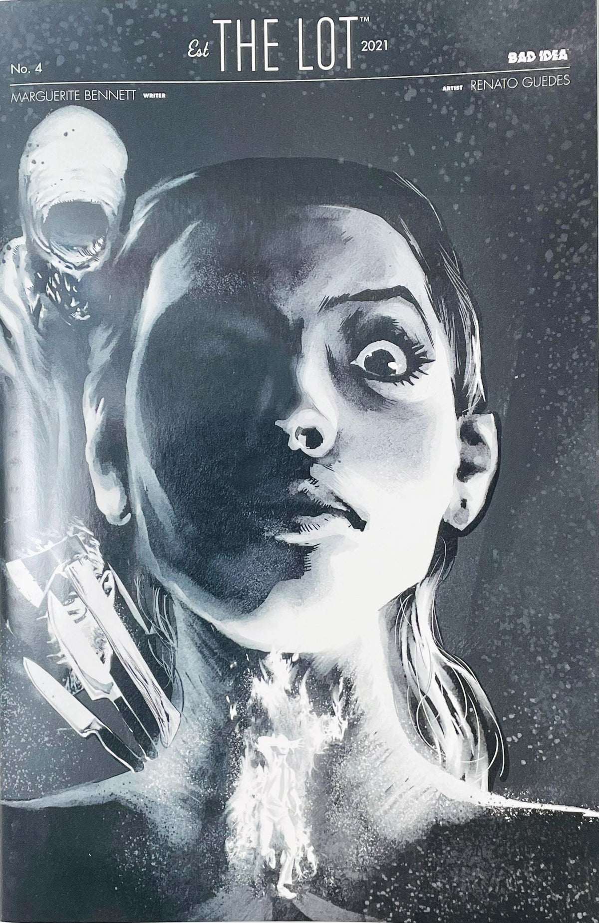 The Lot issue 4 comic book published by Bad Idea featuring Renato Guedes black and white cover art of a terrified woman with a screaming ghoul behind her.
