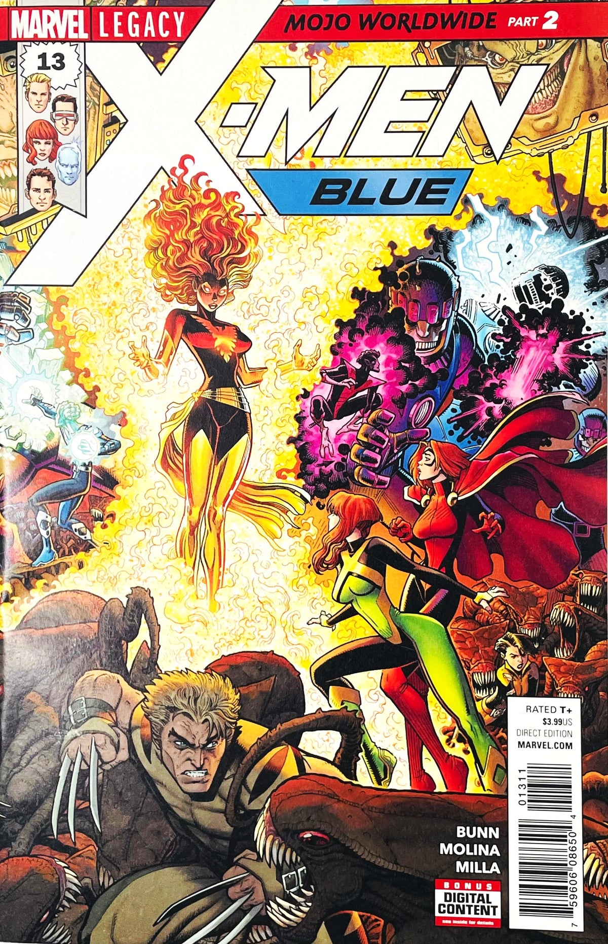X-Men Blue issue 13 comic book published by Marvel Comics featuring cover art of Jean Grey glowing with Phoenix fire and Jimmy Hudson fighting alien monsters during Mojo Worldwide.