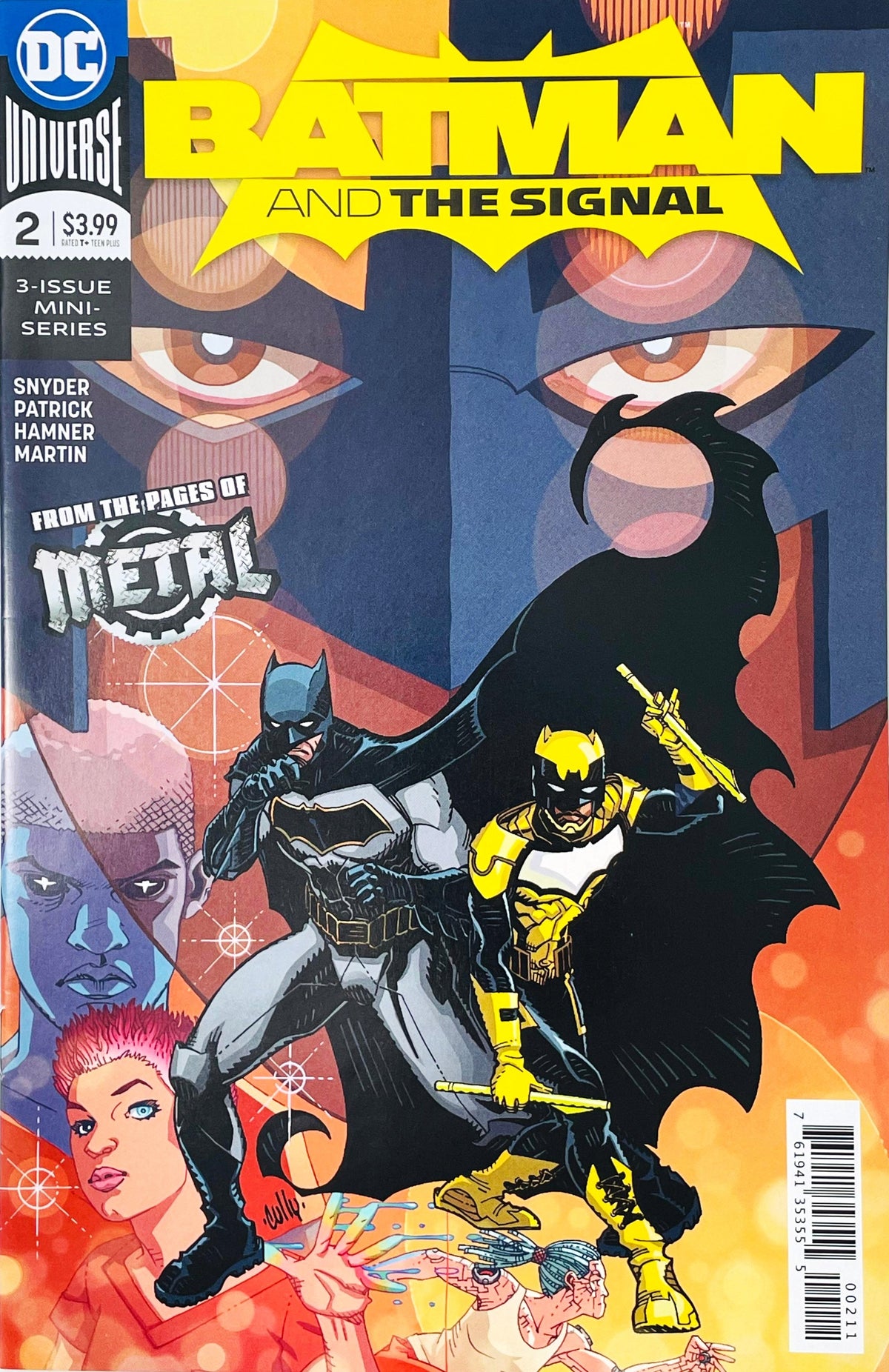 Batman and the Signal issue 2 comic book published by DC Comics featuring Cully Hamner cover art of Batman and Duke Thomas back-to-back with Gotham metahumans in the background.