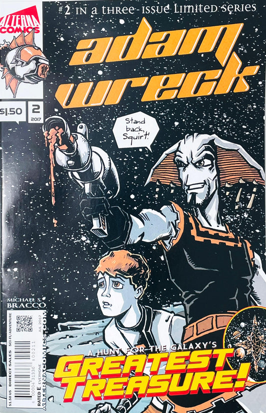 Adam Wreck issue 2 comic book published by Alterna Comics featuring Michael S. Bracco cover art of an alien with a ray gun protecting young Adam Wreck.