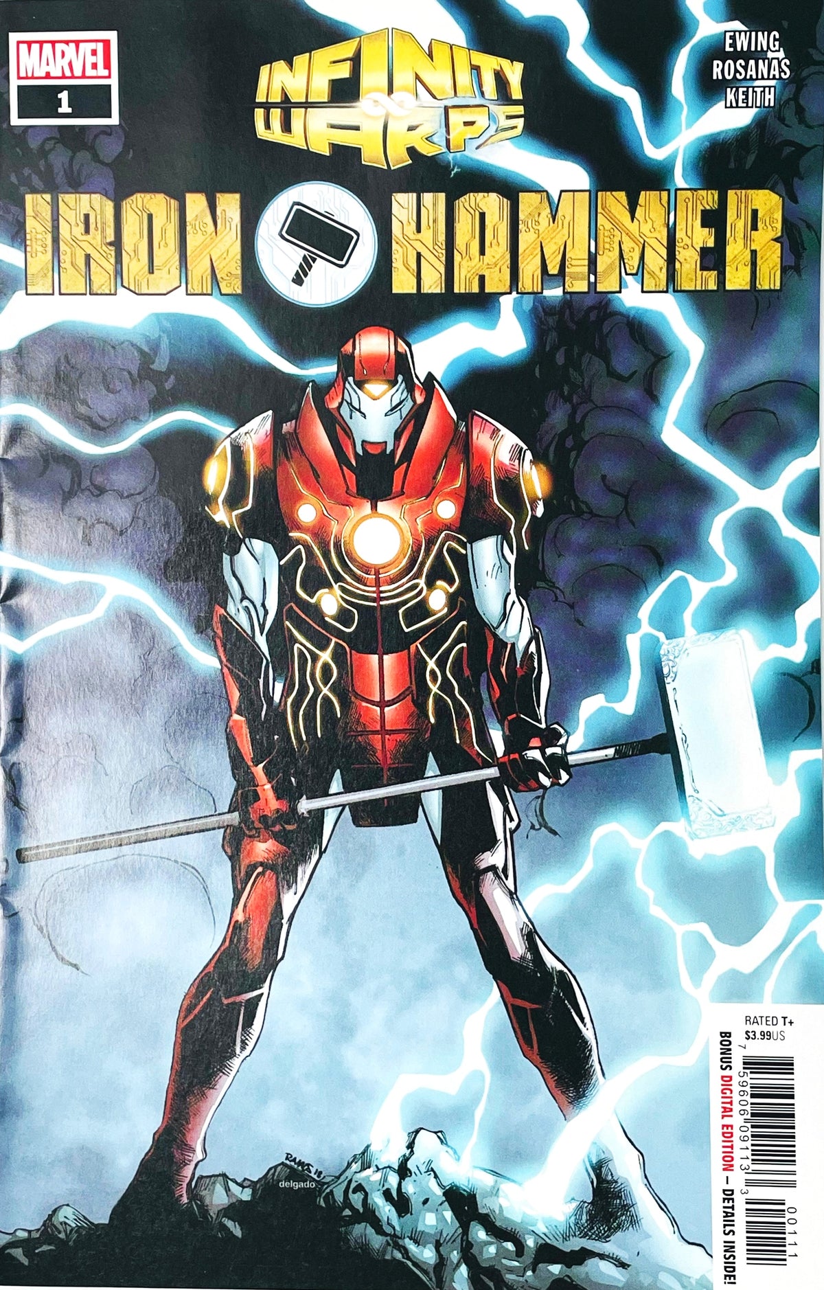 Infinity Warps Iron Hammer issue 1 comic book published by Marvel Comics featuring Humberto Ramos cover art of Iron Hammer standing on a peak holding a war hammer amidst crackling lightning.