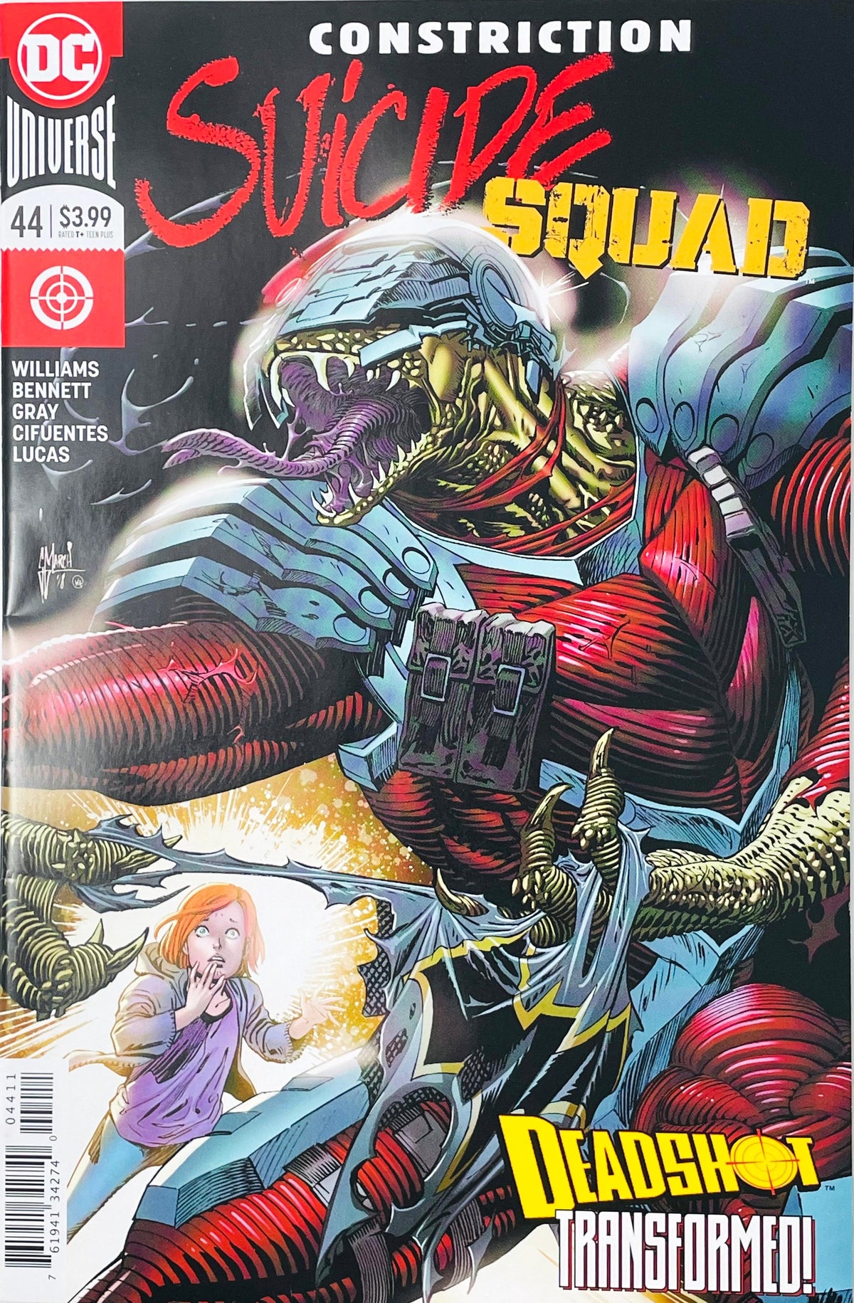Suicide Squad issue 44 comic book published by DC Comics featuring Guillem March cover art of a transformed reptilian alien Deadshot reaching toward a frightened young girl.