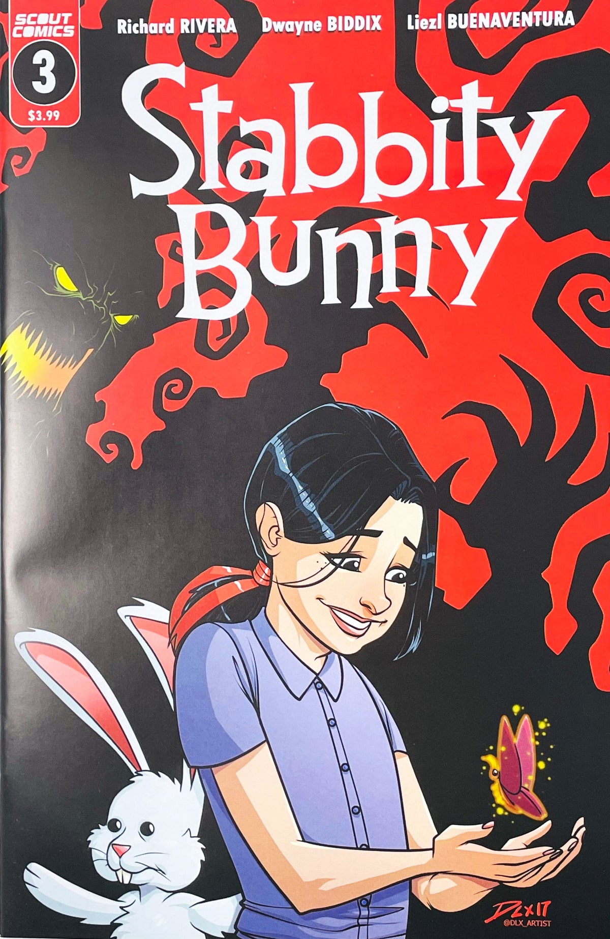 Stabbity Bunny issue 3 comic book published by Scout Comics featuring Dwayne Biddix cover art of Grace holding a magical butterfly alongside her plush rabbit with shadow monsters behind them.