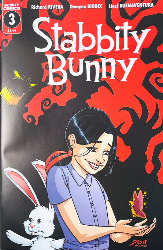 Stabbity Bunny issue 3 comic book published by Scout Comics featuring Dwayne Biddix cover art of Grace holding a magical butterfly alongside her plush rabbit with shadow monsters behind them.