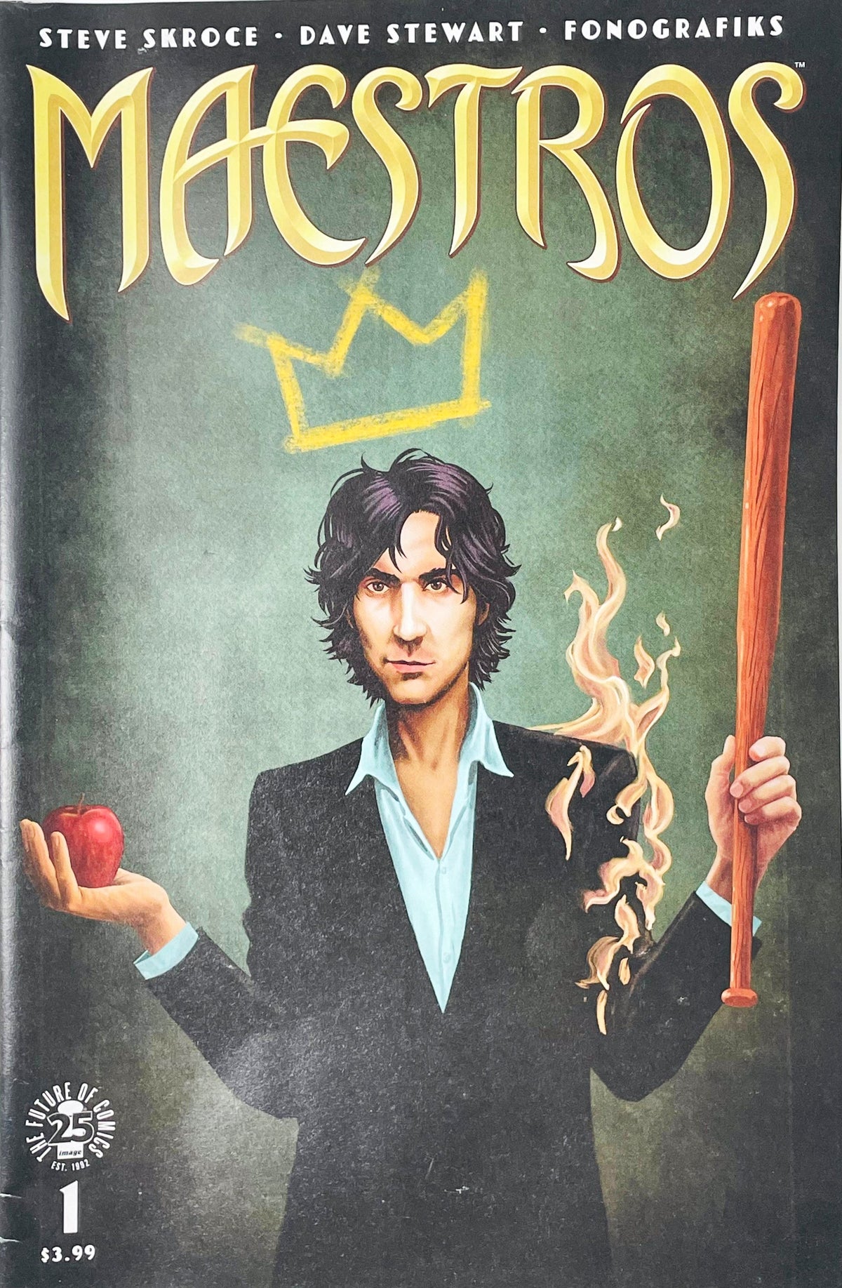 Maestros issue 1 Cover B variant comic book published by Image Comics featuring Steve Skroce cover art of Willy Little holding a red apple and a baseball bat under a yellow spray-painted crown.