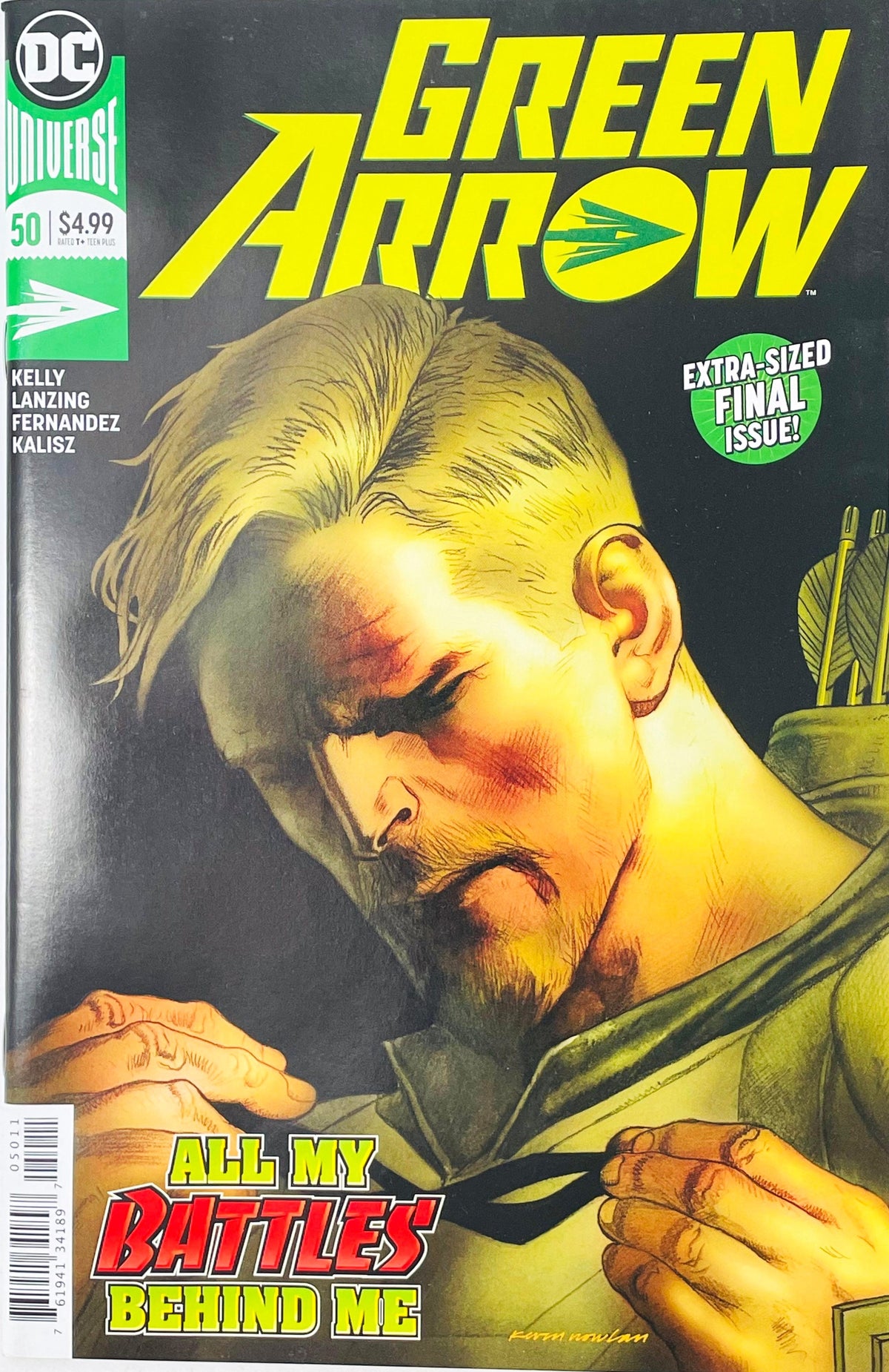 Green Arrow issue 50 comic book published by DC Comics featuring Kevin Nowlan cover art of a battle-worn Oliver Queen adjusting his bowstring.