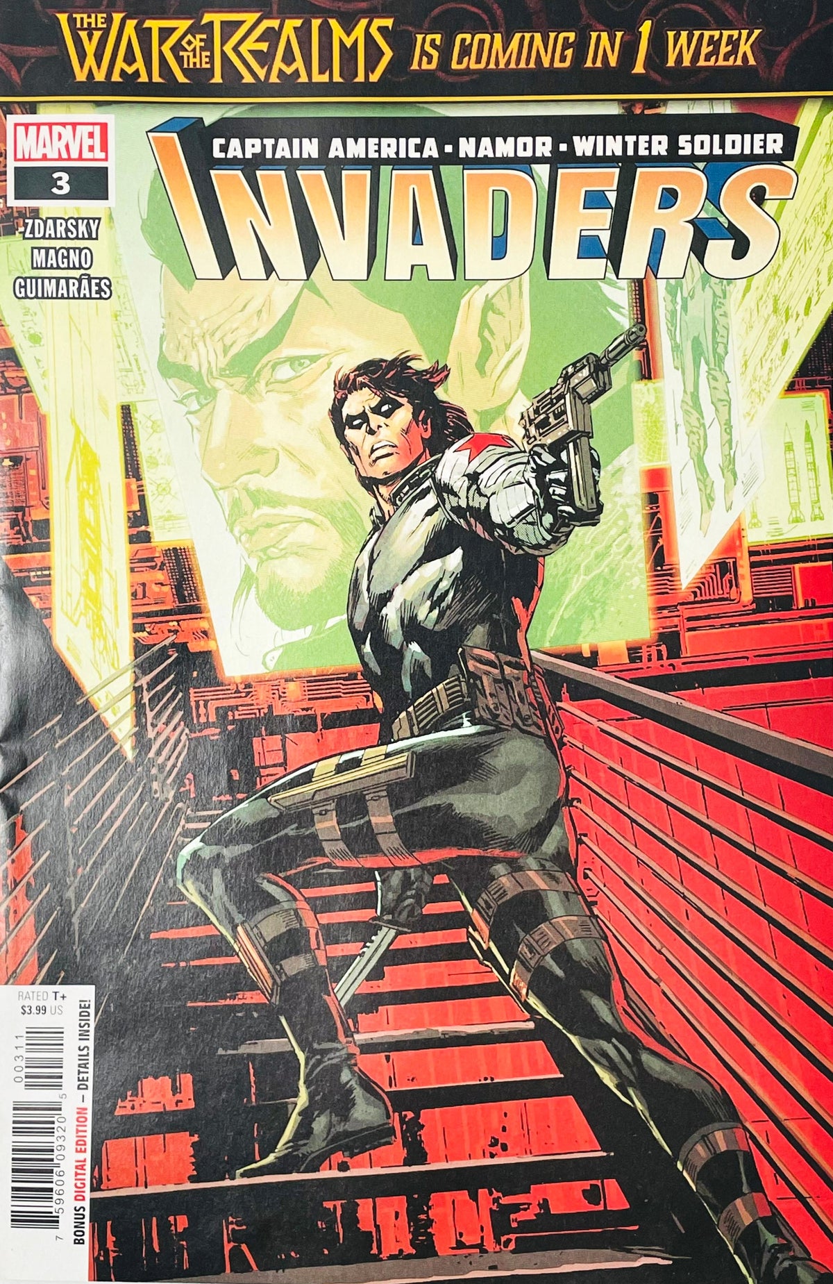 Invaders issue 3 comic book published by Marvel Comics featuring Butch Guice cover art of Winter Soldier running up stairs with a gun drawn while Namor's image appears on a monitor behind him.