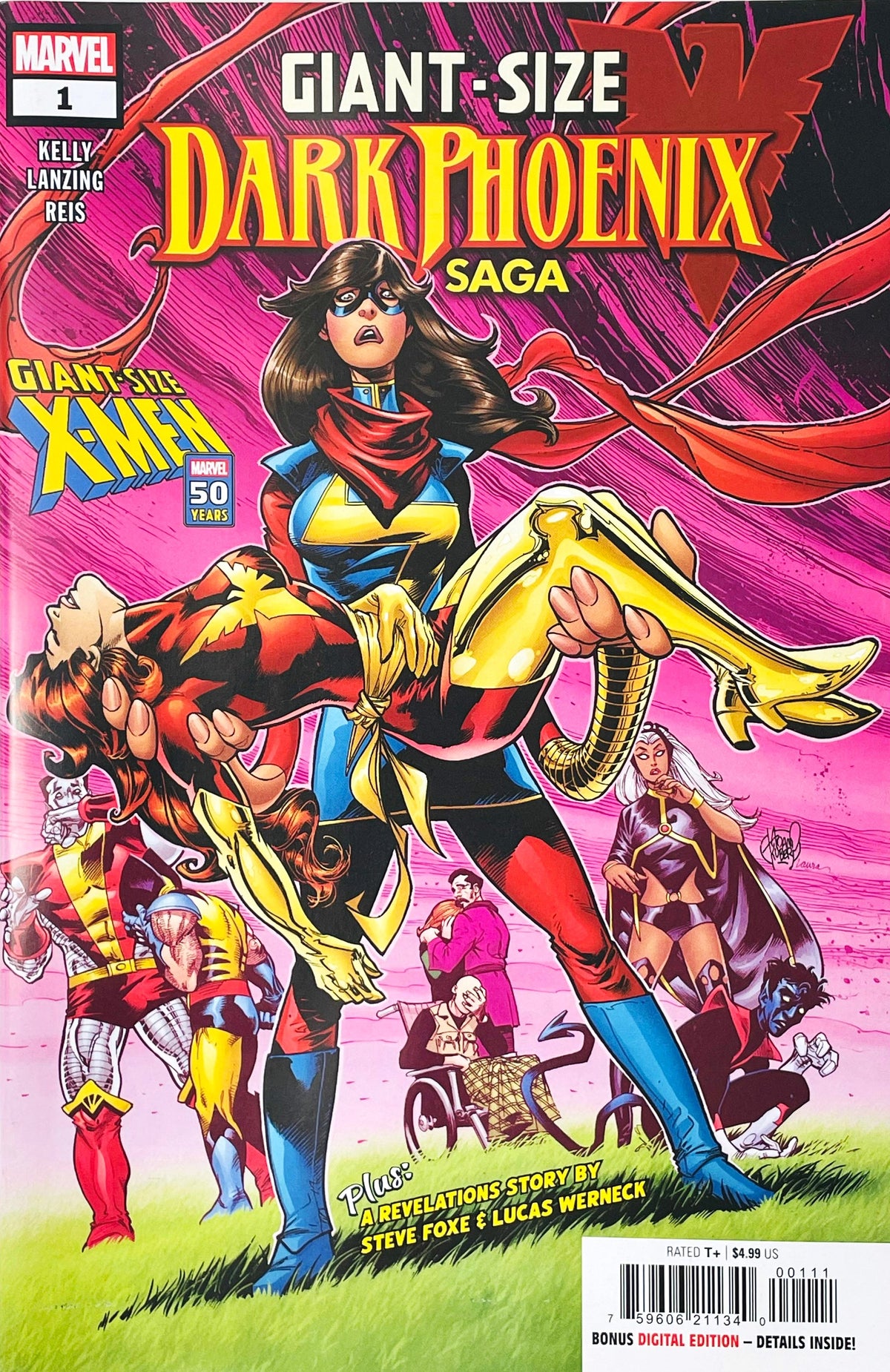 Giant-Size X-Men Dark Phoenix Saga issue 1 comic book published by Marvel Comics featuring Rod Reis homage cover art of Ms. Marvel holding Dark Phoenix with X-Men in the background.