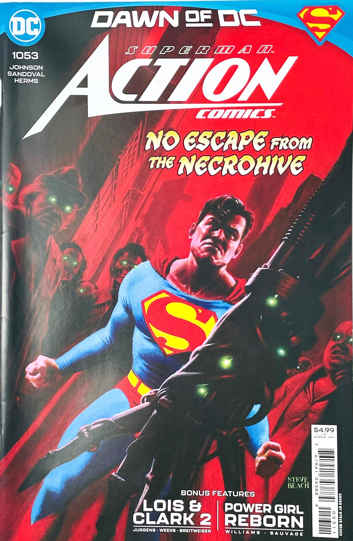 Action Comics issue 1053 comic book published by DC Comics featuring Steve Beach cover art of Superman holding a large energy cannon surrounded by glowing-eyed enemies.