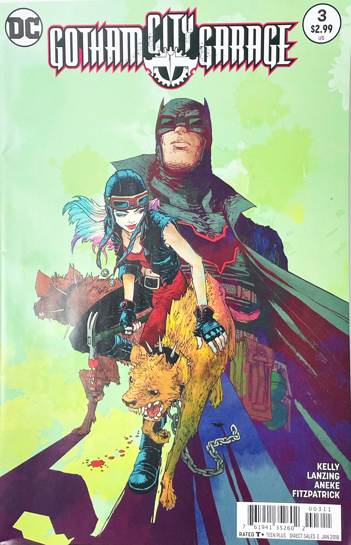 Gotham City Garage issue 3 comic book published by DC Comics featuring Tula Lotay cover art of biker Harley Quinn riding a hyena with Batman looming behind her.