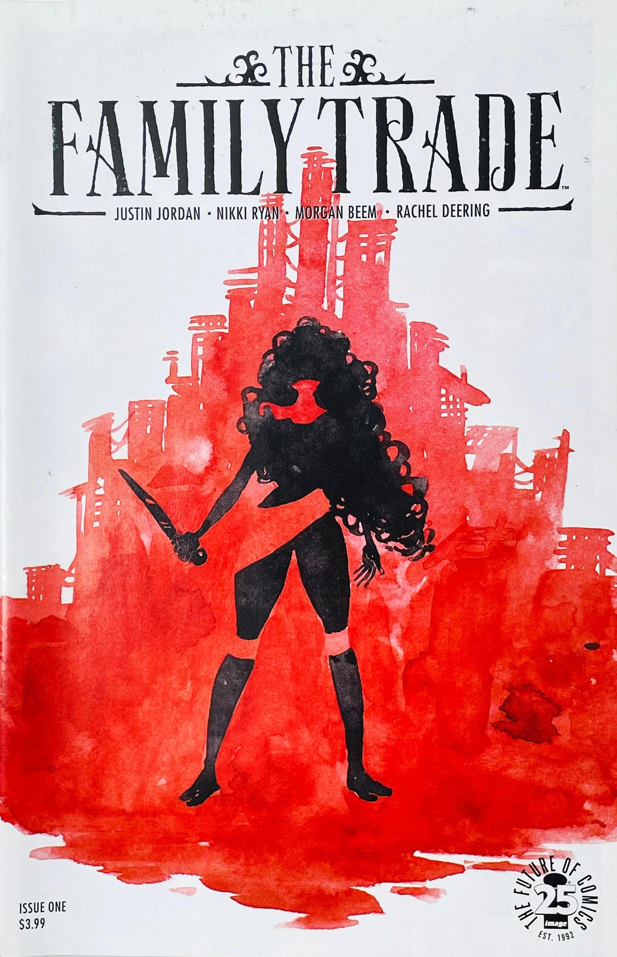The Family Trade issue 1 comic book published by Image Comics featuring Morgan Beem watercolor cover art of assassin silhouette Jynne with a dagger.
