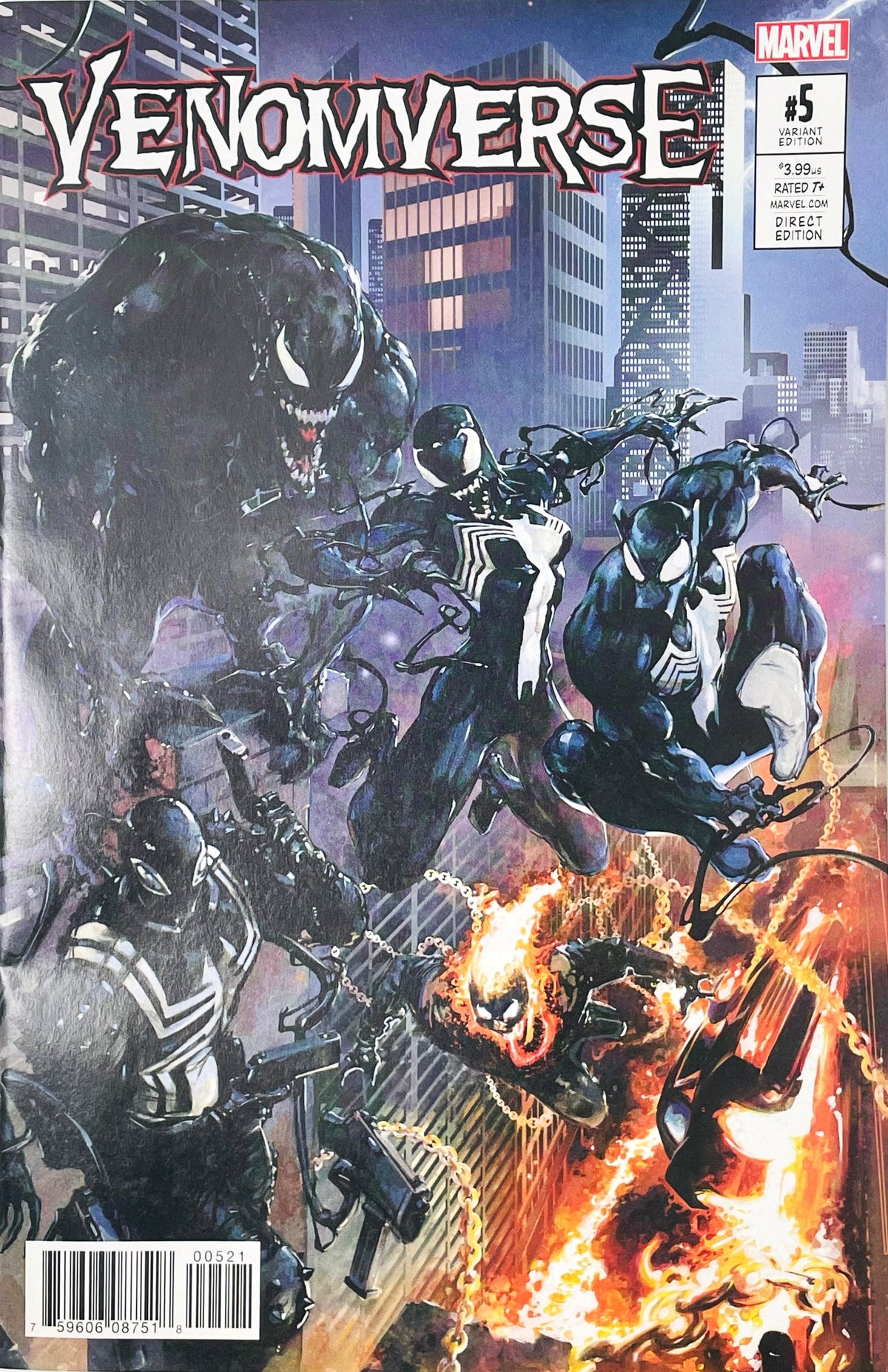 Venomverse issue 5 comic book published by Marvel Comics featuring Clayton Crain connecting variant cover art of Venom, Mania, Agent Venom, and Venomized Ghost Rider.
