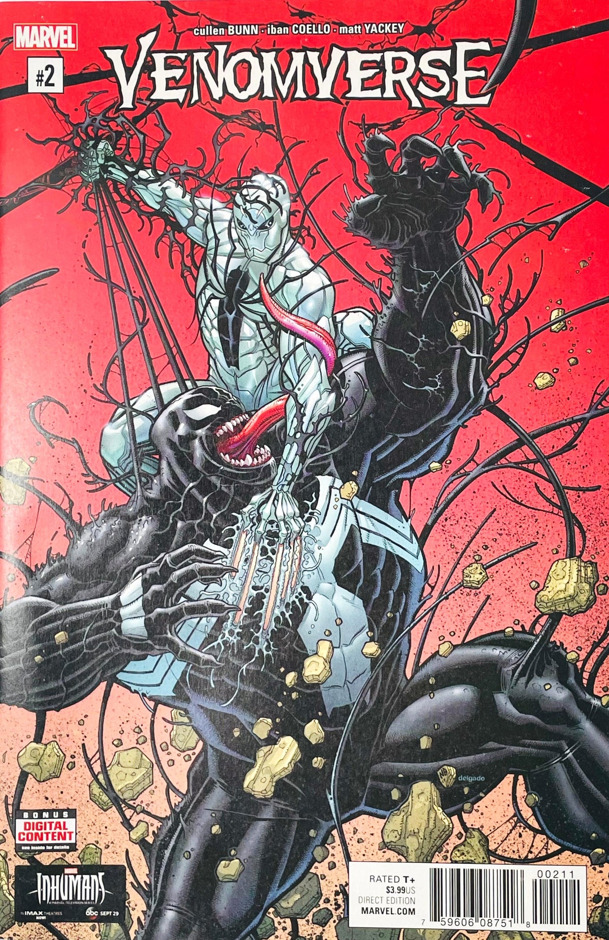 Venomverse issue 2 comic book published by Marvel Comics featuring Nick Bradshaw cover art of Venom fighting a white Poison creature amidst flying debris.