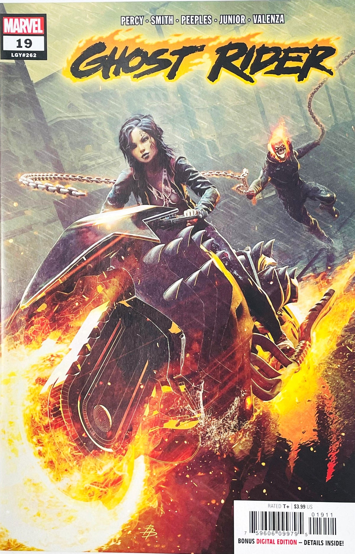 Ghost Rider issue 19 comic book published by Marvel Comics featuring Björn Barends cover art of Talia Warroad riding a flaming motorcycle with Ghost Rider in the background.