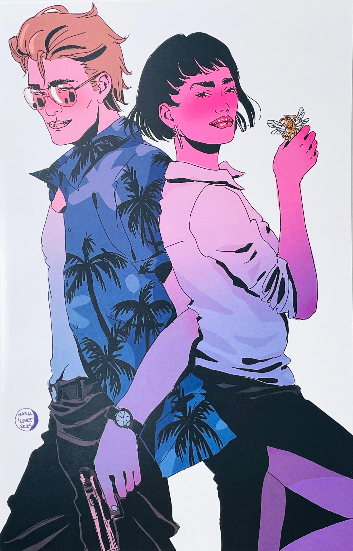 Faithless II issue 1 virgin variant comic book published by BOOM! Studios featuring Maria Llovet cover art of Faith standing back to back with a man holding a gun in neon pink and blue tones.