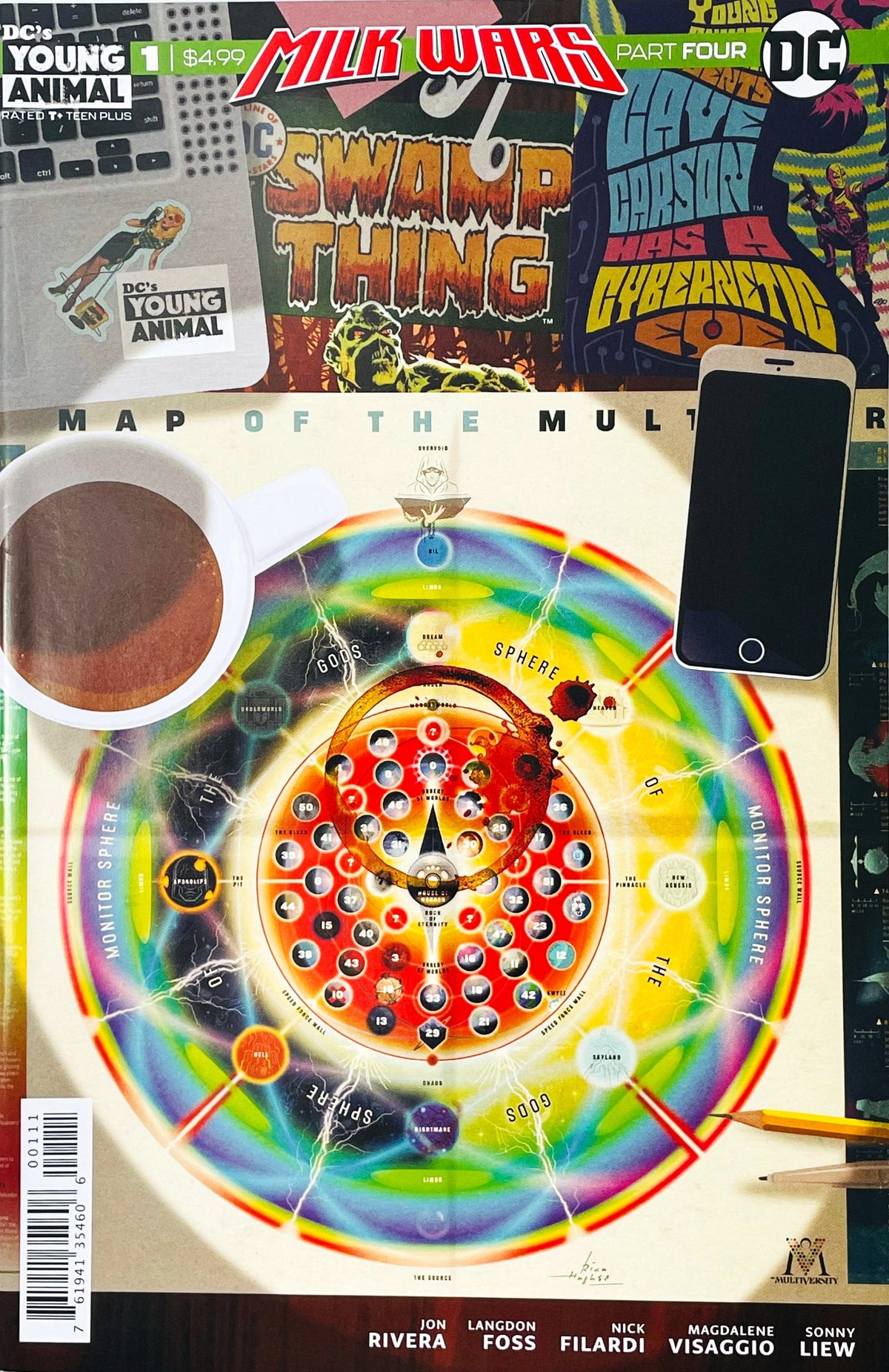 Swamp Thing / Cave Carson Special issue 1 comic book published by DC Young Animal featuring Rian Hughes cover art of a desk with DC's Multiverse map and coffee.