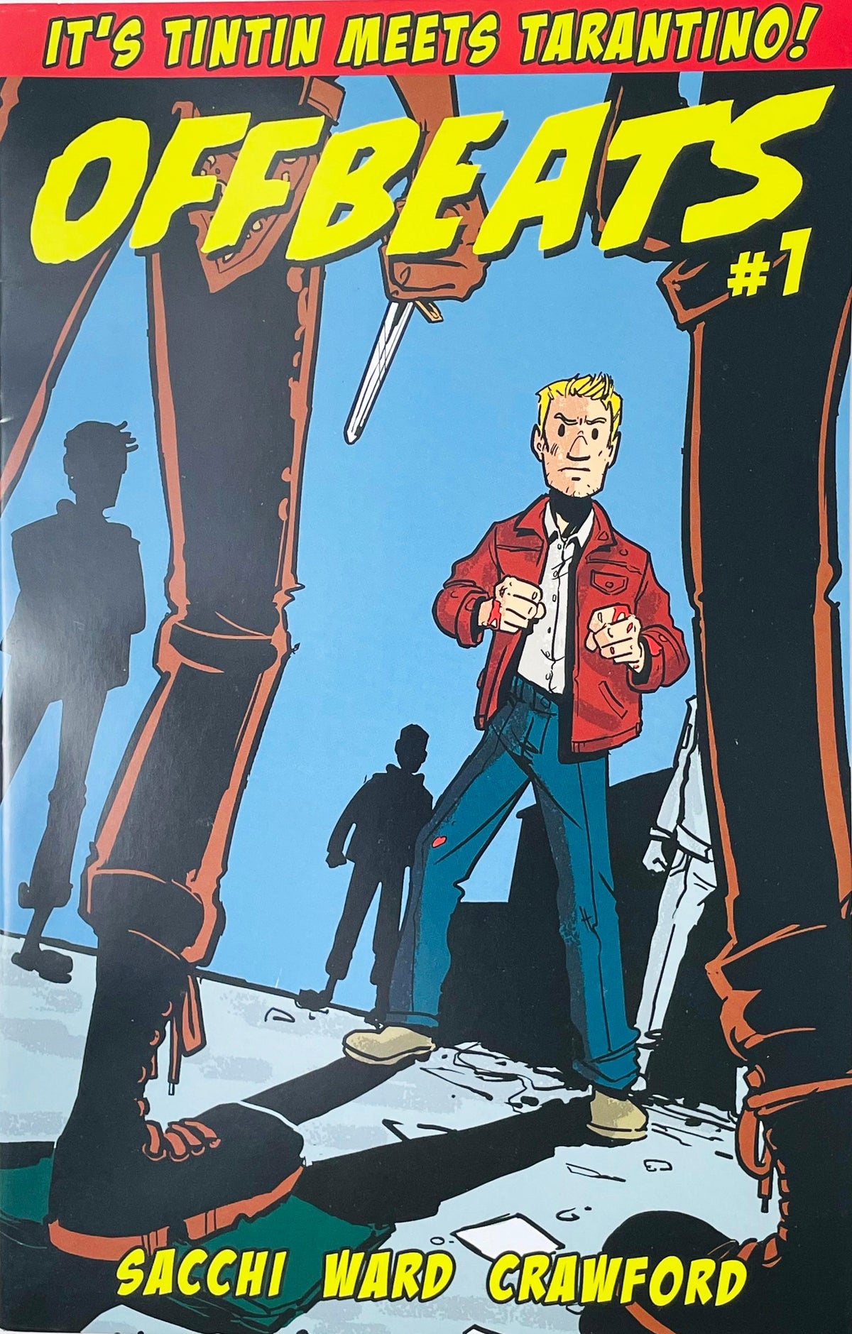 Offbeats issue 1 comic book published by Antarctic Press featuring John Sacchi cover art of a young man in a red jacket surrounded by street gang thugs in a dark alley.