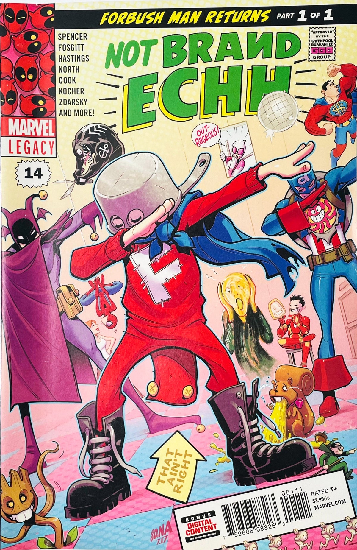 Not Brand Echh issue 14 comic book published by Marvel Comics featuring David Nakayama cover art of Forbush Man dabbing surrounded by parodies of Marvel heroes.
