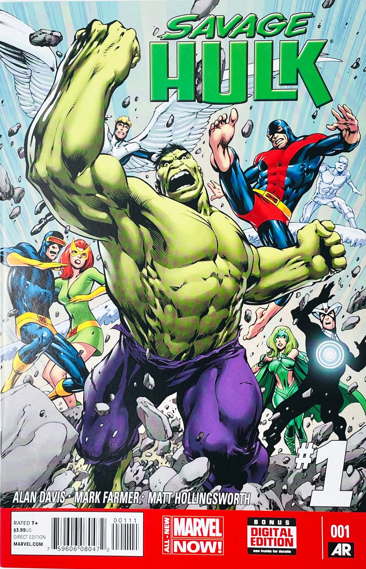 Savage Hulk issue 1 comic book published by Marvel Comics featuring Alan Davis cover art of the Hulk roaring alongside Cyclops, Jean Grey, Beast, Angel, and Iceman.