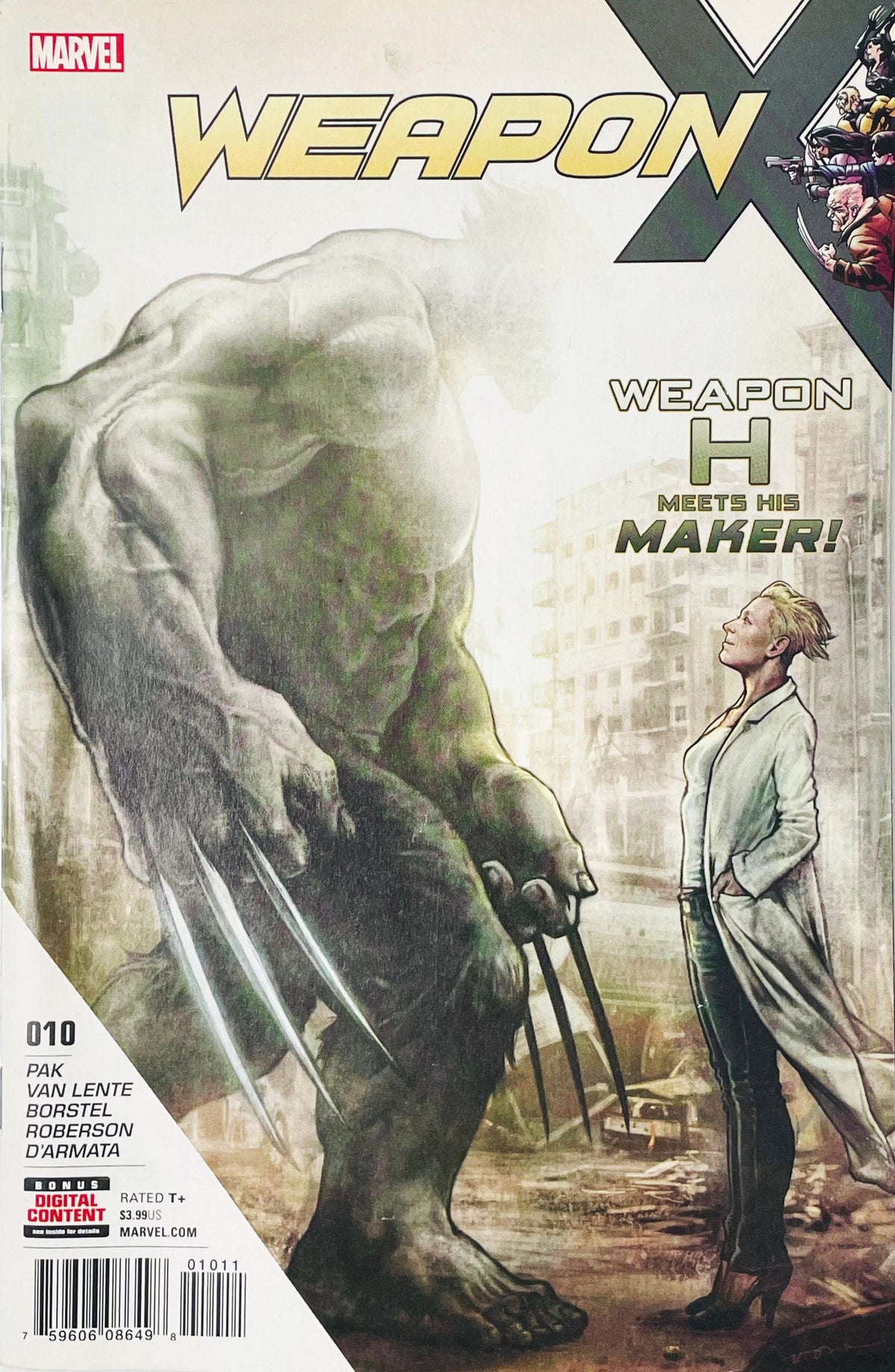 Weapon X issue 10 comic book published by Marvel Comics featuring Stonehouse cover art of Weapon H with adamantium claws facing Dr. Alba in a ruined city.