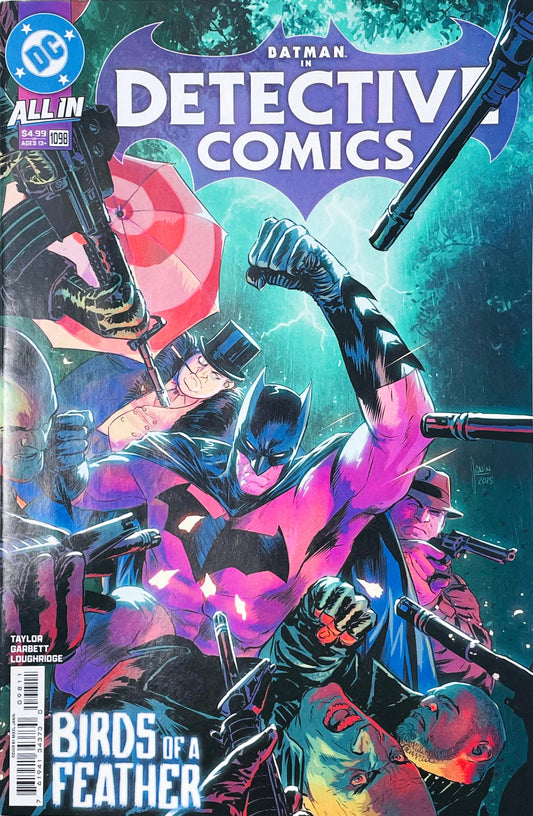 Detective Comics issue 1098 comic book published by DC Comics featuring Mikel Janín cover art of Batman fighting armed henchmen and The Penguin holding an umbrella.