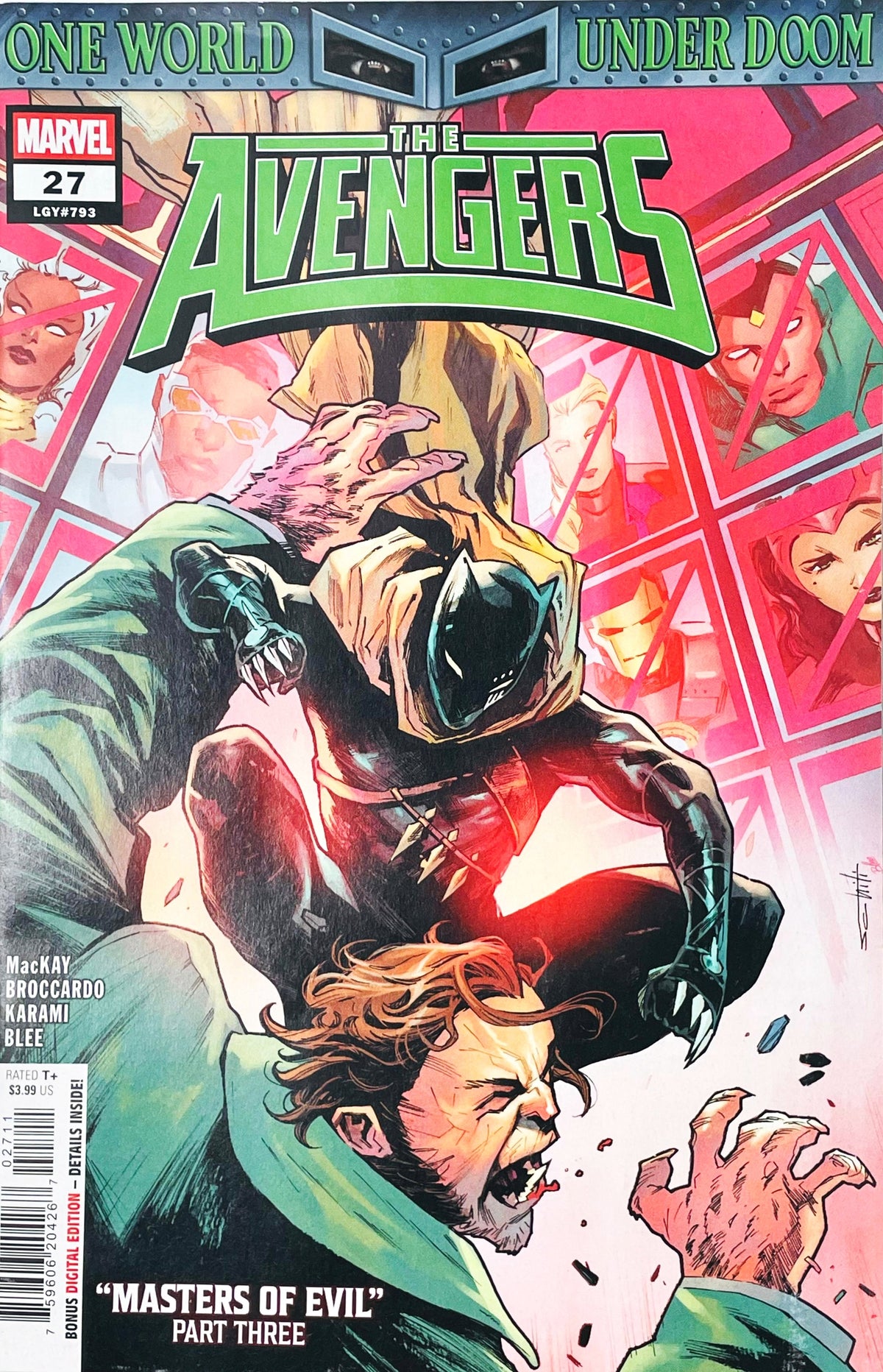 The Avengers issue 27 comic book published by Marvel Comics featuring Valerio Giangiordano cover art of Black Panther leaping into battle under the One World Under Doom banner.