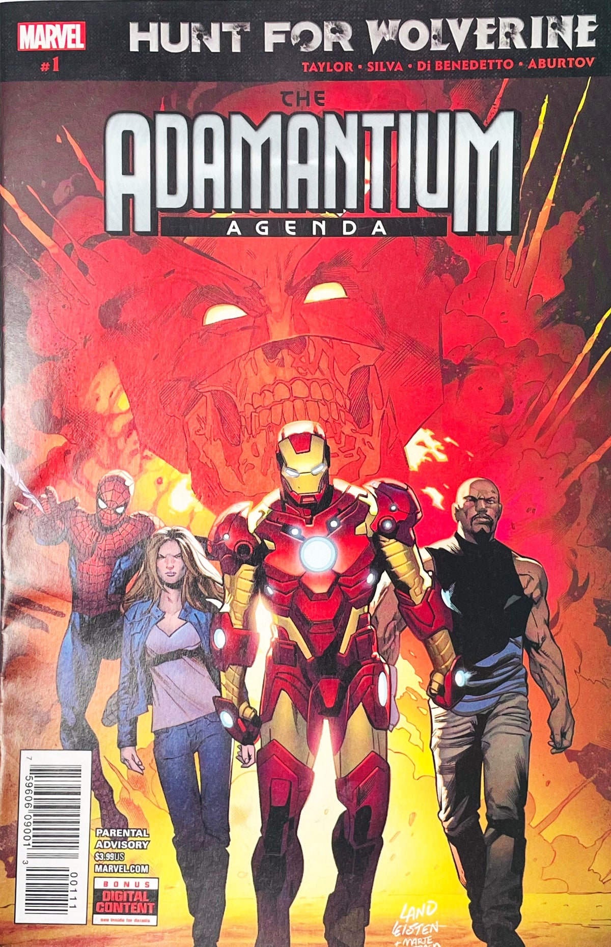 Hunt for Wolverine The Adamantium Agenda issue 1 comic book published by Marvel Comics featuring Greg Land cover art of Iron Man leading Spider-Man, Jessica Jones, and Luke Cage.