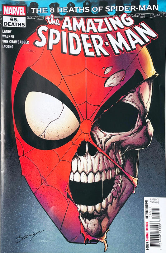 The Amazing Spider-Man issue 65 comic book published by Marvel Comics featuring Ryan Stegman cover art of Spider-Man's mask torn to reveal a skull underneath.