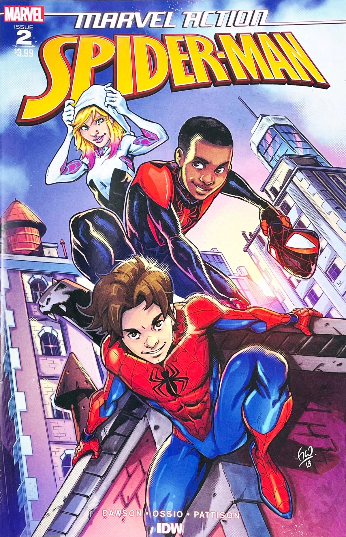 Marvel Action Spider-Man issue 2 comic book published by IDW Publishing featuring Fico Ossio cover art of Peter Parker, Miles Morales, and Gwen Stacy on a rooftop.
