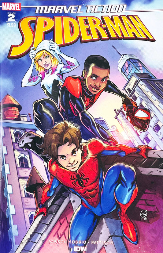 Marvel Action Spider-Man issue 2 comic book published by IDW Publishing featuring Fico Ossio cover art of Peter Parker, Miles Morales, and Gwen Stacy on a rooftop.