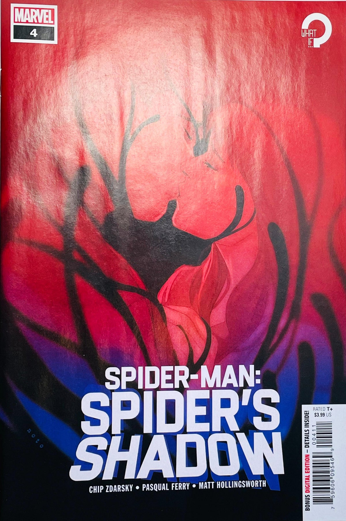 Spider-Man: Spider's Shadow issue 4 comic book published by Marvel Comics featuring Phil Noto cover art of dark symbiote tendrils against a red and purple background.