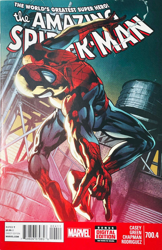 The Amazing Spider-Man issue 700.4 comic book published by Marvel Comics featuring Sanford Greene cover art of Spider-Man leaping forward from a rooftop water tower.
