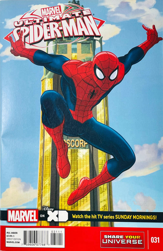Marvel Universe Ultimate Spider-Man issue 31 comic book published by Marvel Comics featuring Spider-Man leaping in front of the Oscorp building.