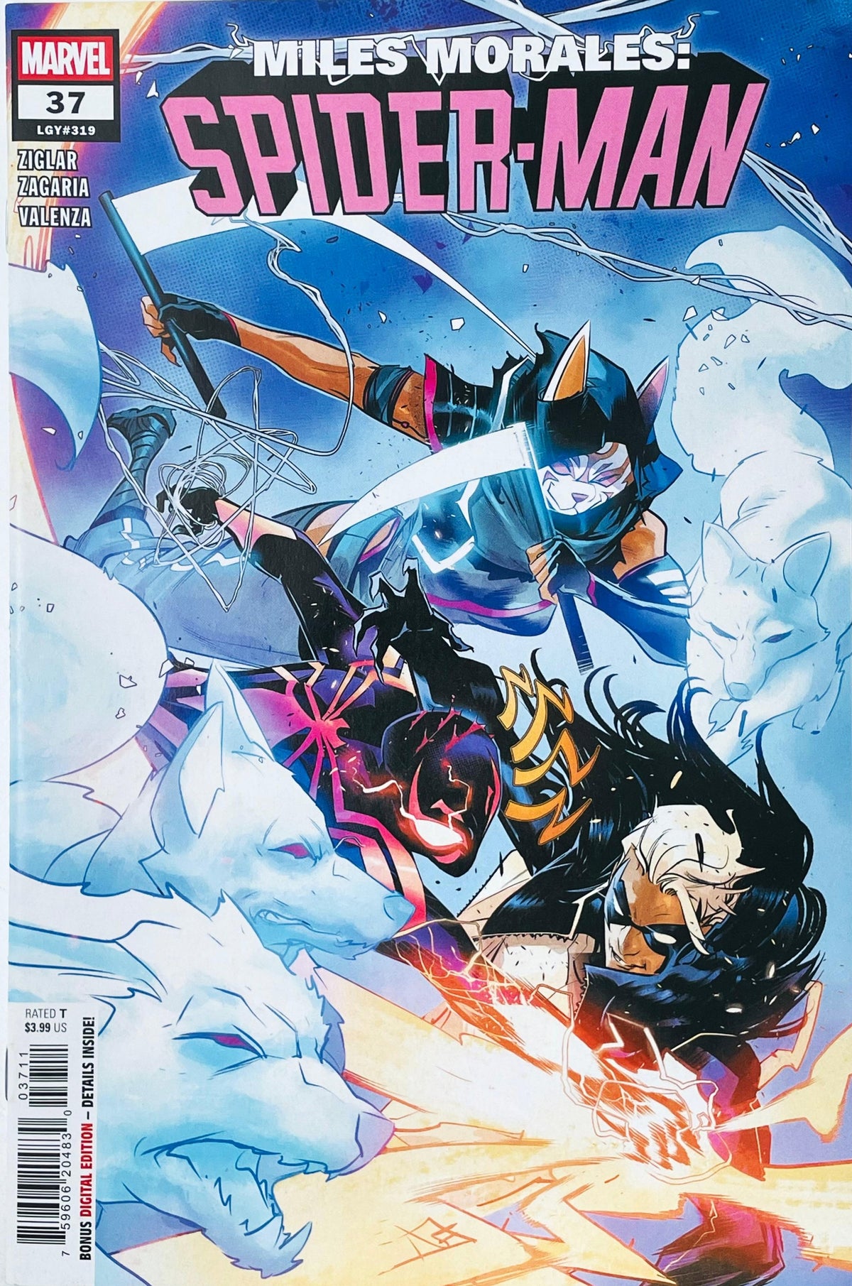 Miles Morales: Spider-Man issue 37 comic book published by Marvel Comics featuring cover art of Miles Morales and White Fox fighting amidst spectral wolves.