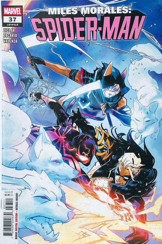 Miles Morales: Spider-Man issue 37 comic book published by Marvel Comics featuring cover art of Miles Morales and White Fox fighting amidst spectral wolves.
