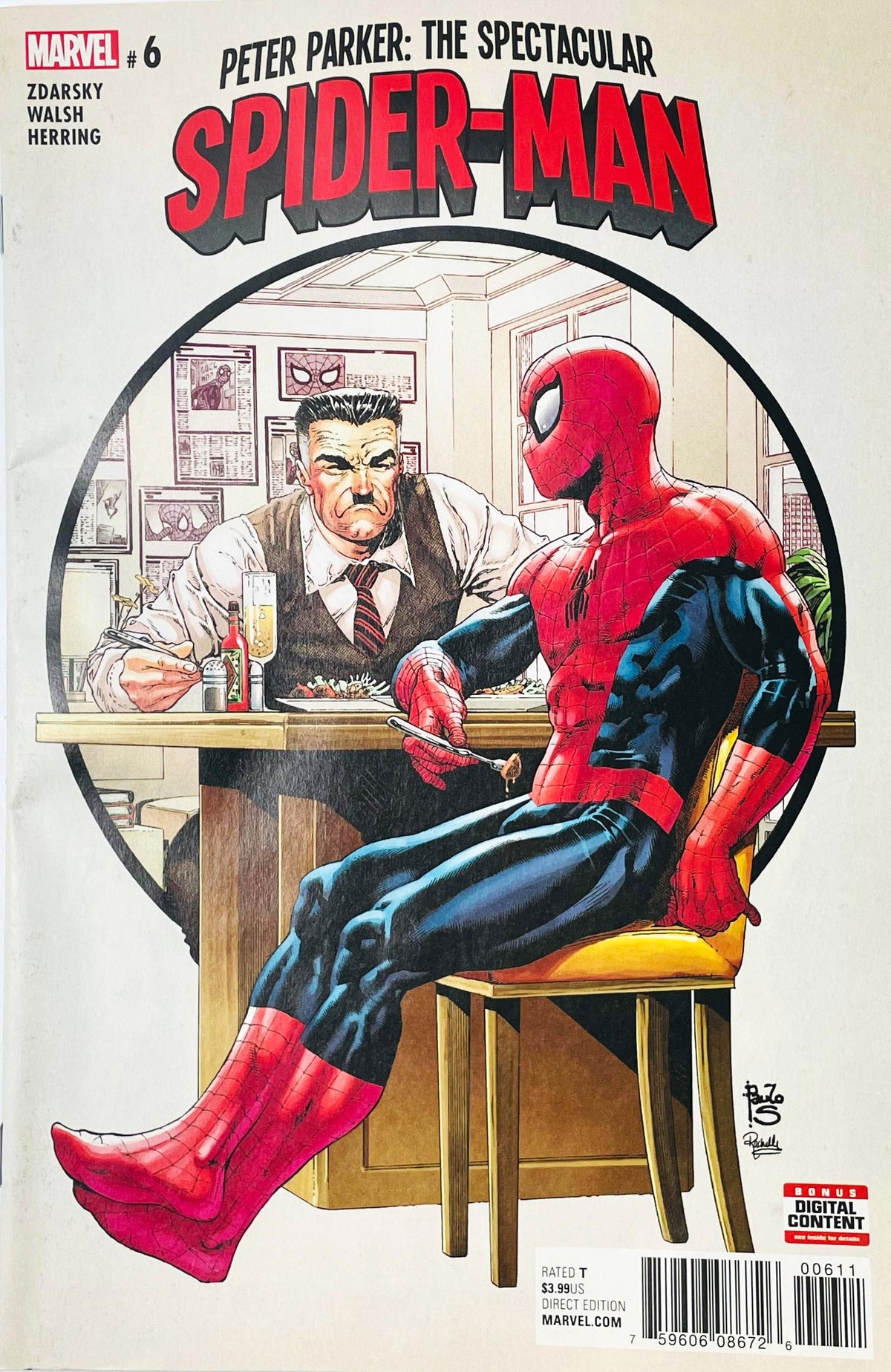 Peter Parker: The Spectacular Spider-Man issue 6 comic book published by Marvel Comics featuring Paulo Siqueira cover art of Spider-Man having dinner with J. Jonah Jameson.