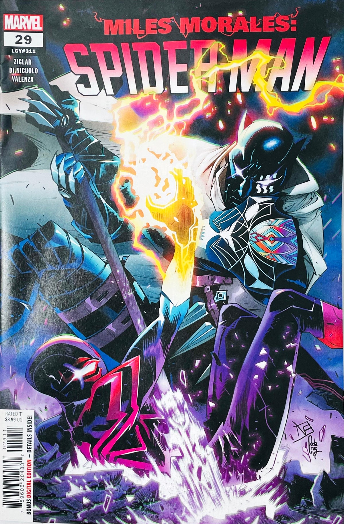 Miles Morales: Spider-Man issue 29 comic book published by Marvel Comics featuring Federico Vicentini cover art of Miles Morales unleashing a fiery bio-electric venom blast during a battle.