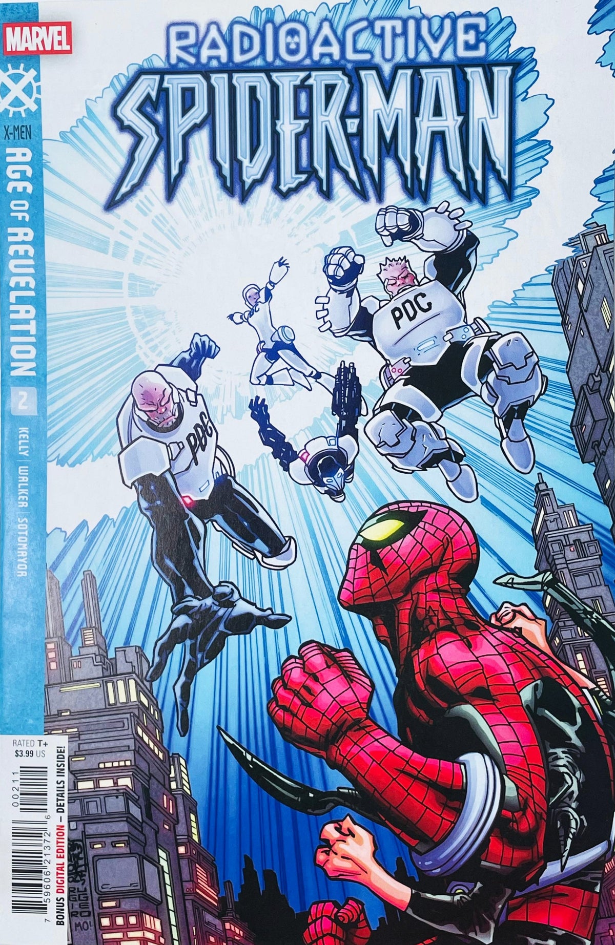 Radioactive Spider-Man issue 2 comic book published by Marvel Comics featuring John Romita Jr. cover art of Spider-Man facing armored PDC troopers in an Age of Revelation storyline.
