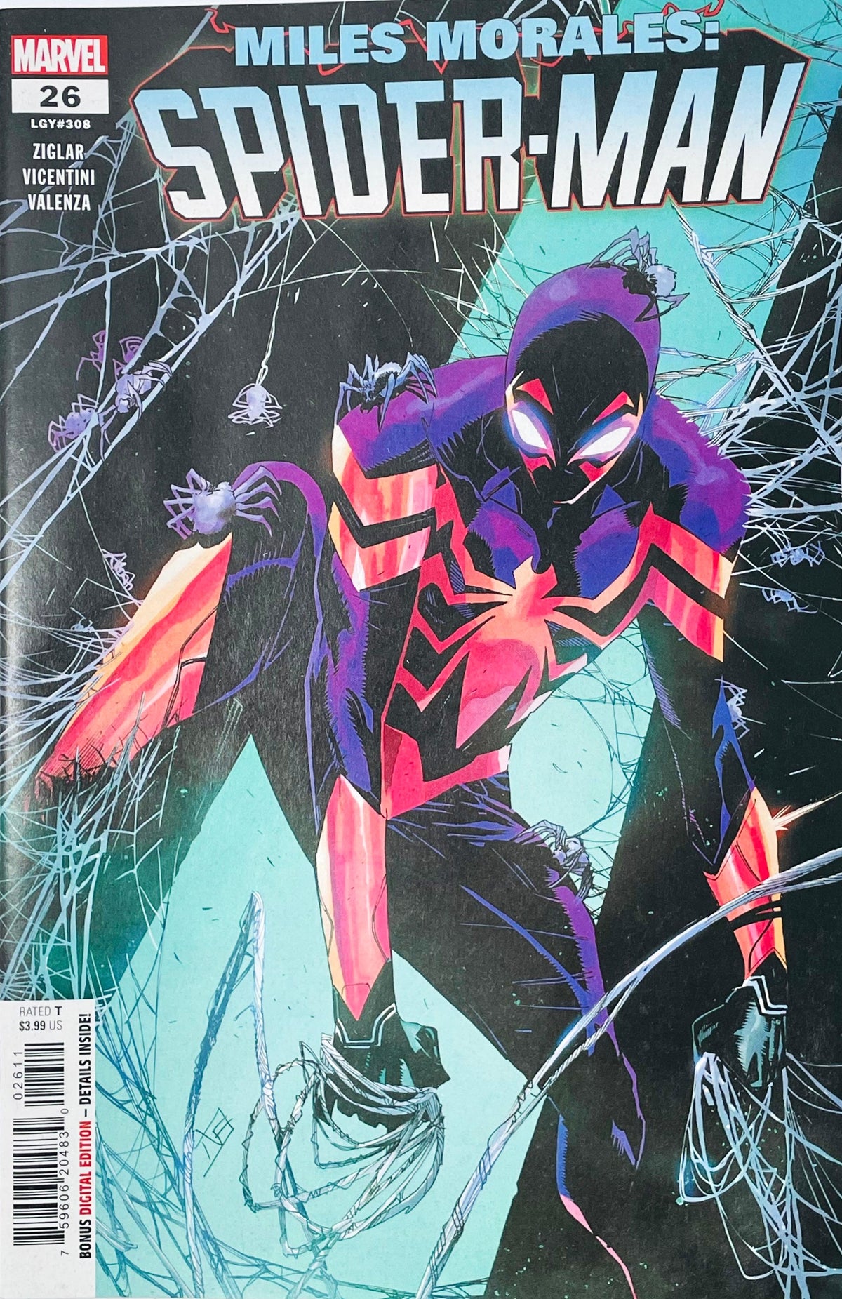 Miles Morales: Spider-Man issue 26 comic book published by Marvel Comics featuring Federico Vicentini cover art of Miles Morales crouched amidst webs and spiders.