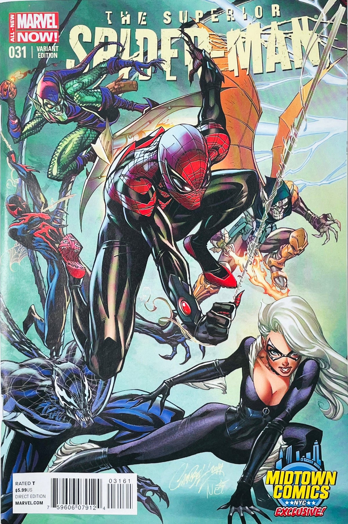 The Superior Spider-Man issue 31 Midtown Comics Exclusive Variant comic book published by Marvel Comics featuring J. Scott Campbell cover art of Spider-Man, Black Cat, Green Goblin, and Venom.